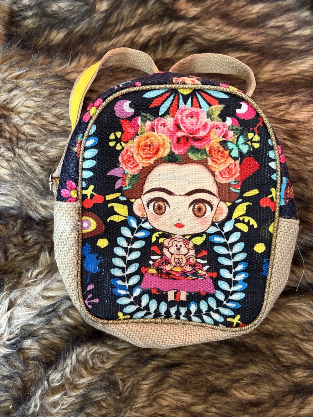 Mexican Artist Frida Kahlo Mini Backpack Animated Female Floral Yellow Woven